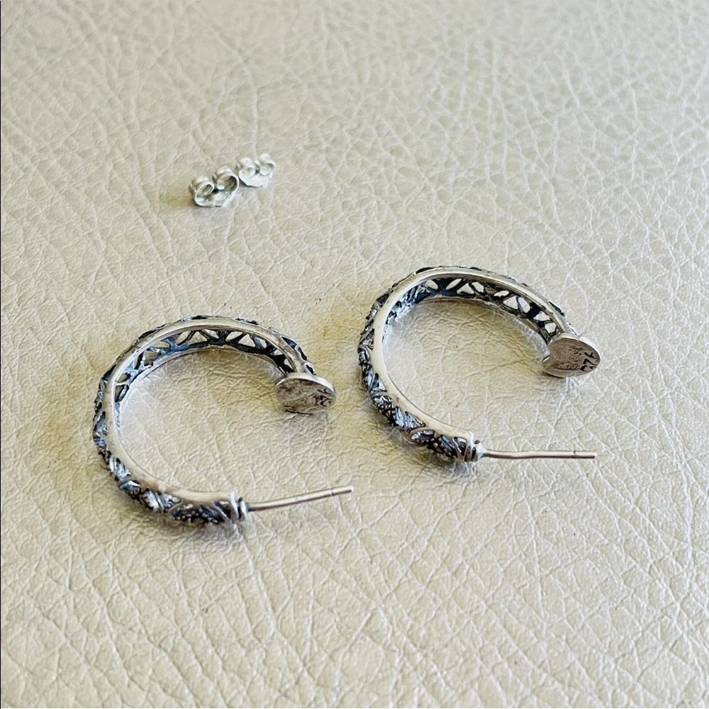 Ornate Hoop Cross Sterling Silver And Marcasite Earrings - Picture 6 of 9